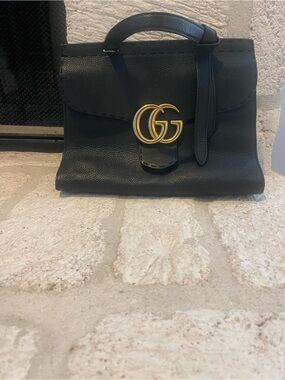 Black Leather Top-Handle Bag with Gold Double-G Accent